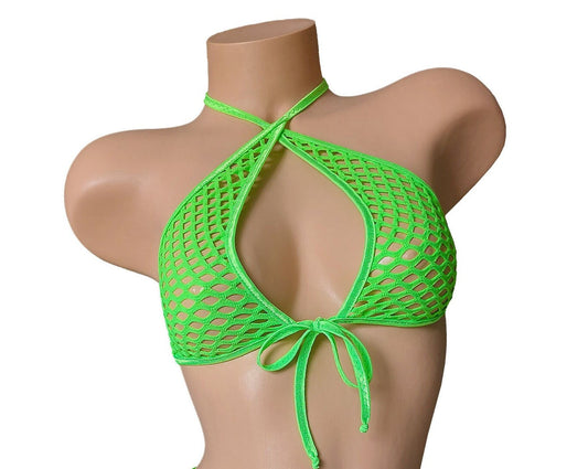 Fishnet Halter Top: Fully lined, Rave Festival Exotic Dancewear, Black Light Glow