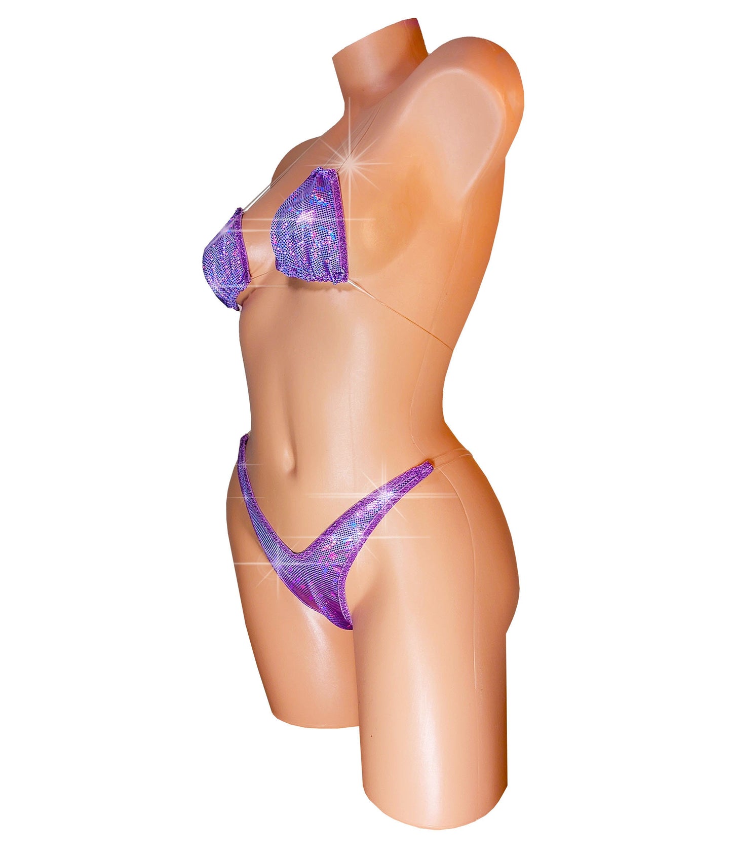 Purple Hologram Bikini, Adjustable Clear Strap, Thong Bottom