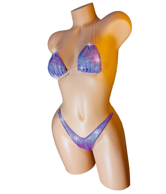 Purple Hologram Bikini, Adjustable Clear Strap, Thong Bottom