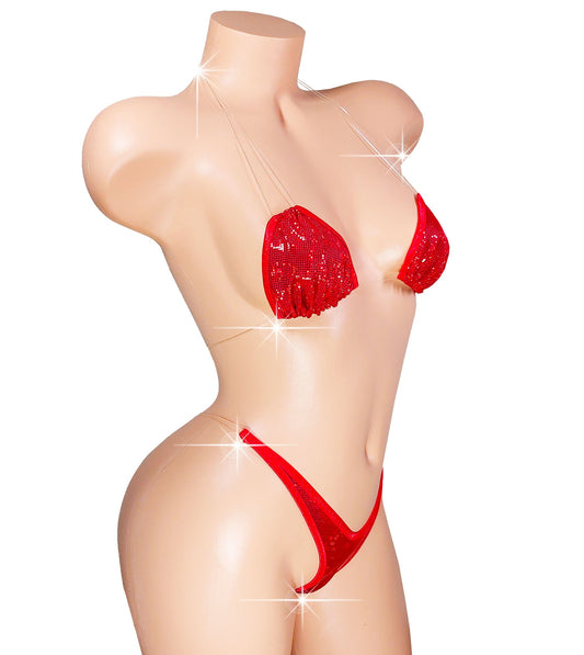 Red Hologram Bikini Set – Adjustable Clear Straps, Exotic Dancewear