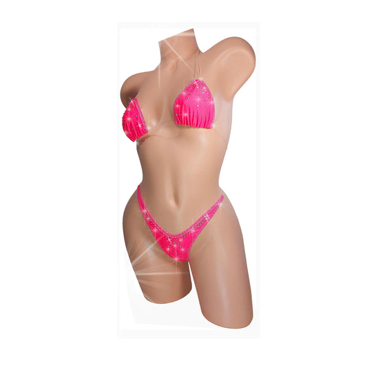 Hot Pink Coral Rhinestone Thong Bikini: Black Light GLOW - Clear Elastic