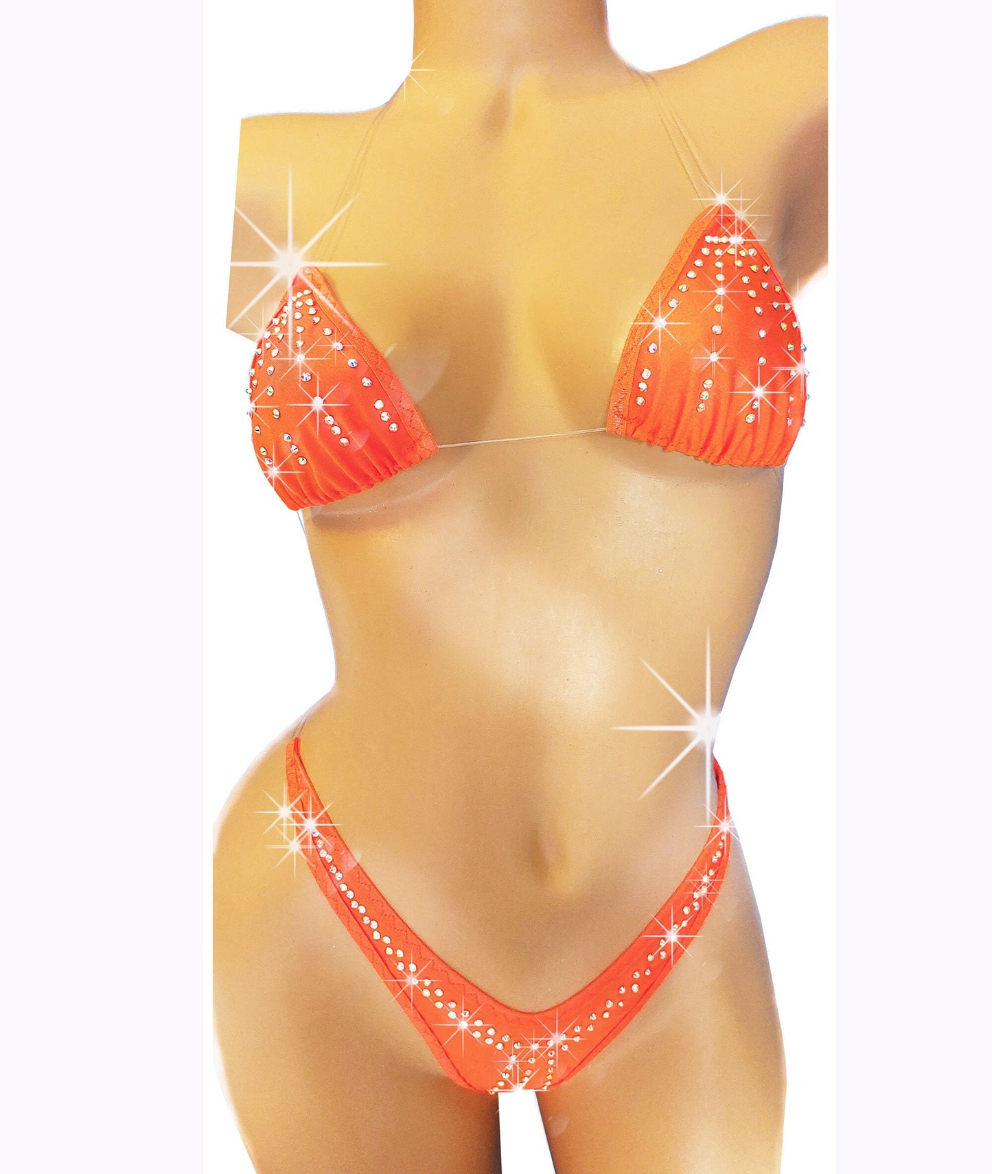 Neon Orange Rhinestone Bikini: Glows in Black Light, Exotic Dancewear, Clear elastic