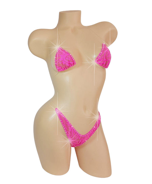 Hot Pink Lace Rhinestone Lingerie Set, Clear Straps