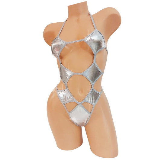 Adjustable Metallic One Piece Micro Thong Bodysuit: Exotic Rave Wear Leotard
