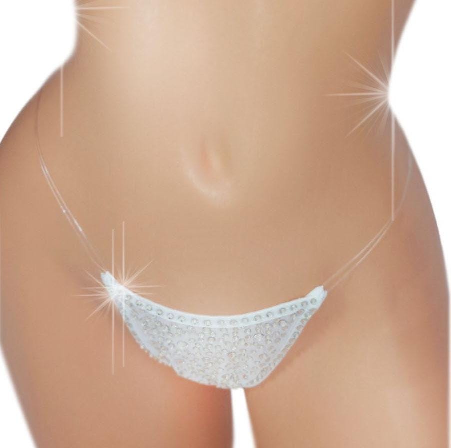 Crystal Rhinestone Illusion Thong: Adjustable Clear Elastic, MANY COLORS! Exotic Dancewear