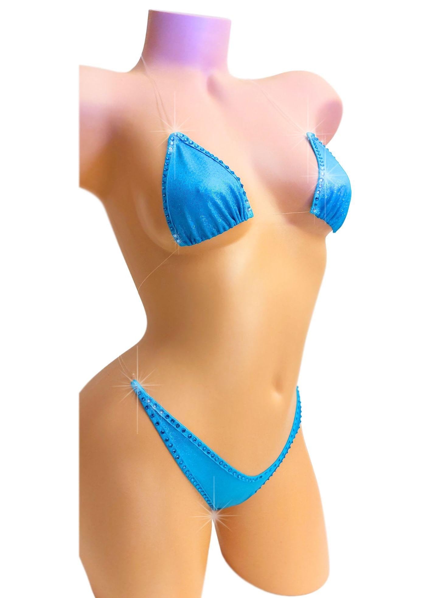 Turquoise Rhinestone Hologram Bikini: Adjustable Clear elastic Exotic Dancewear