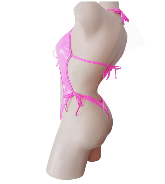 Pink PVC Vinyl One Piece: Tie Side Adjustable Exotic Dancewear