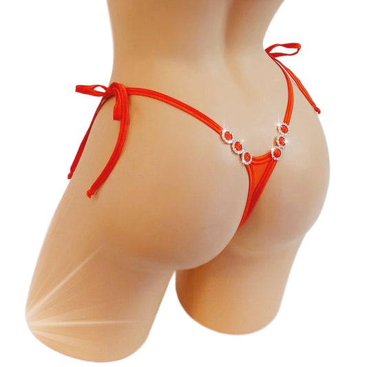 Blaze Red Diamond accent Tie Side G-string Bikini Set with Rave style whale tail that follows your Exotic curves - 5 Mix & Match sizes!
