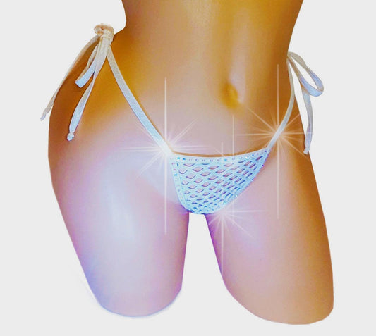Bridal White Rhinestone Fishnet Thong, Tie Side G-String * Lined or Unlined