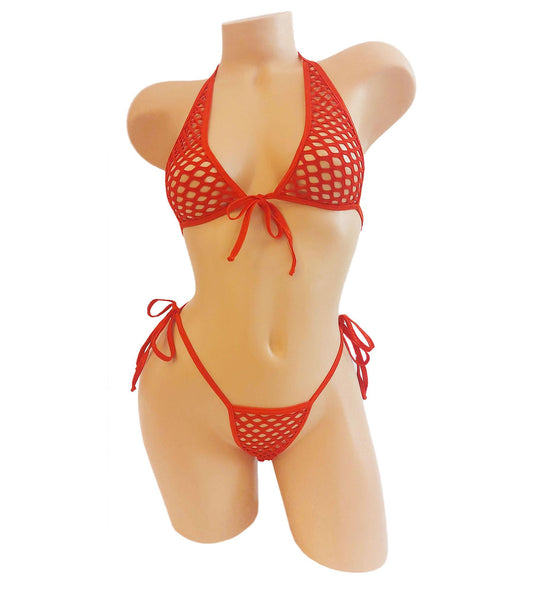 Red Fishnet Lingerie Set - Adjustable Halter Top & Thong, XS-XL