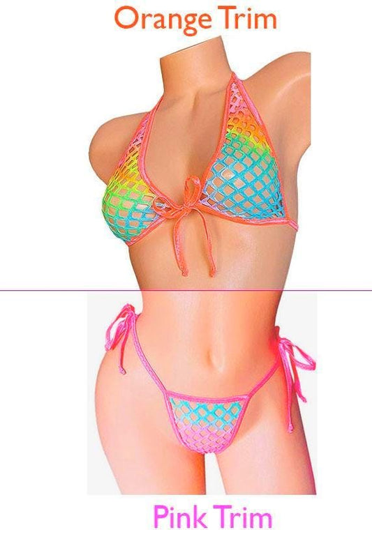 PRIDE Rhinestone Rainbow Fishnet Bikini Set, Rave Festival Thong