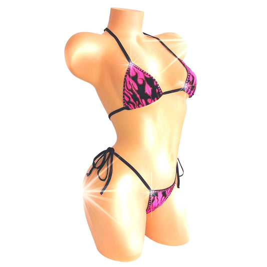 Hot Pink Flame Bikini – Rhinestone Tie G-string, Mix & Match Sizes