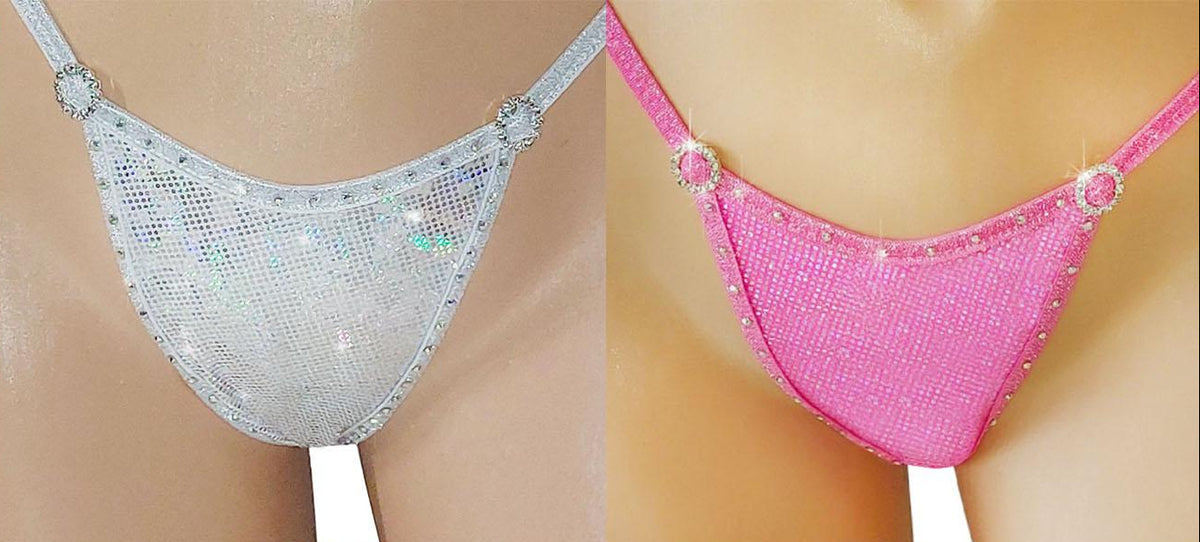 Two colorful hologram bikini bottoms displayed on mannequins against a beige background as a color selection chart for customers.