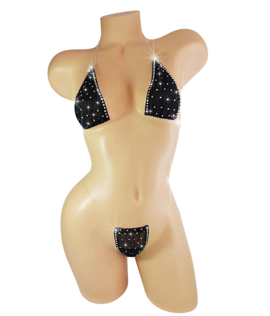 New Black Rhinestone Micro Mini Halter Bikini set - Transparent straps!