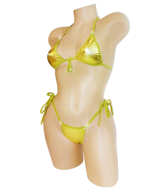 Gold micro halter thong back bikini - Diamonds everywhere!