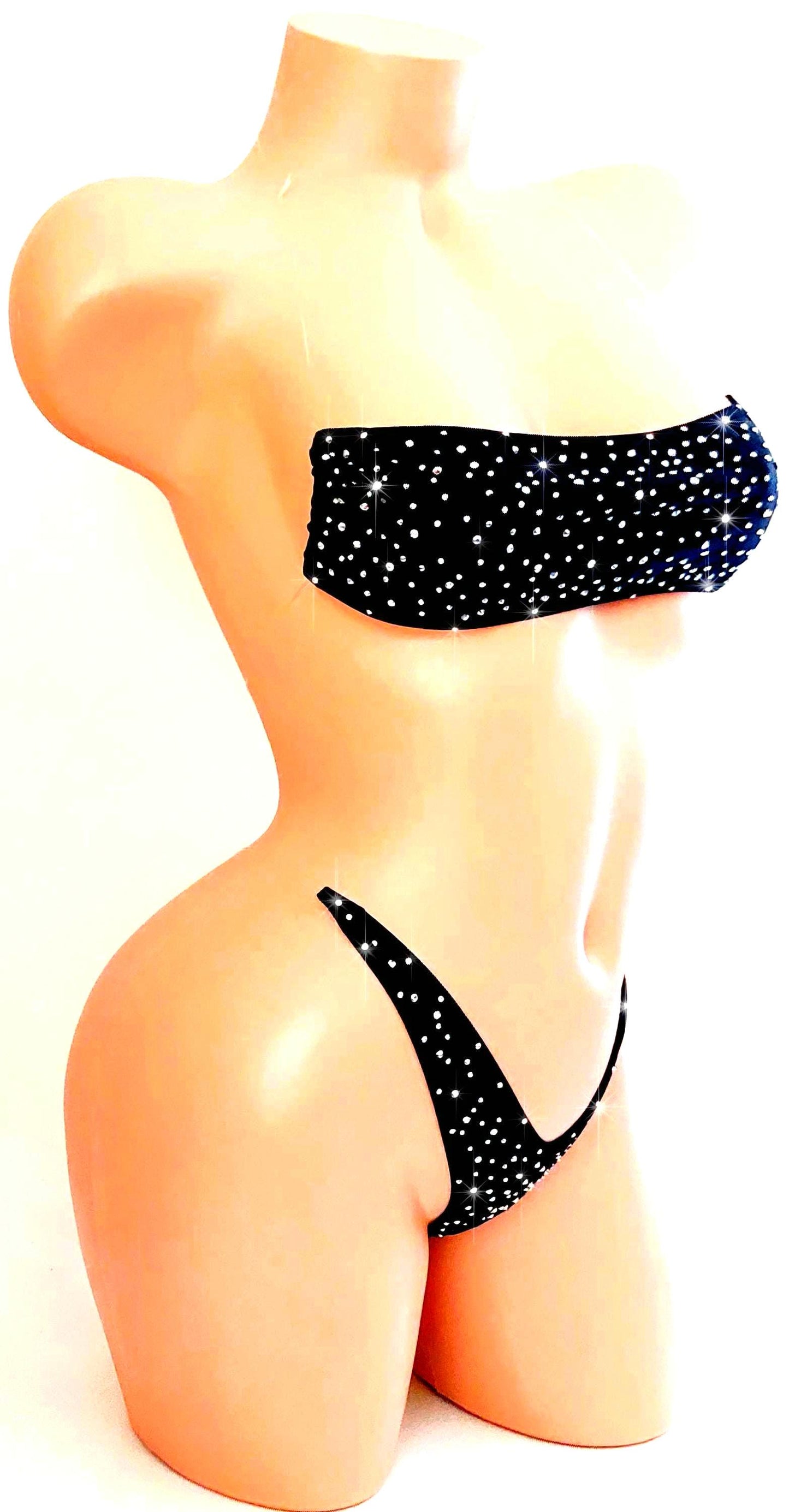 Rhinestone Bandeau Bikini Set – Elastic, Adjustable Straps, Exotic Dancewear