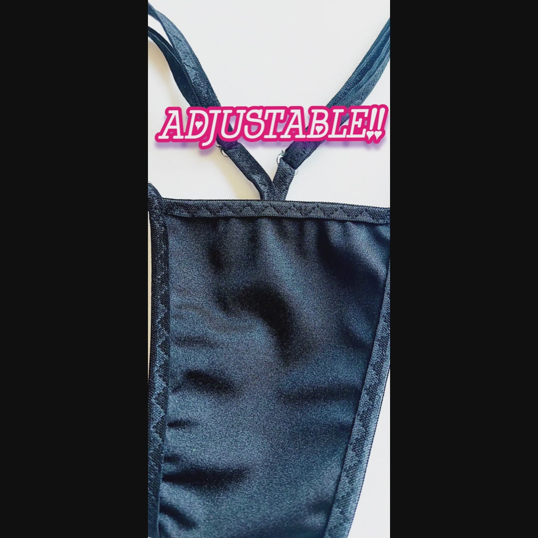 Video demonstration of expandable straps on a pair of bikini bottoms.