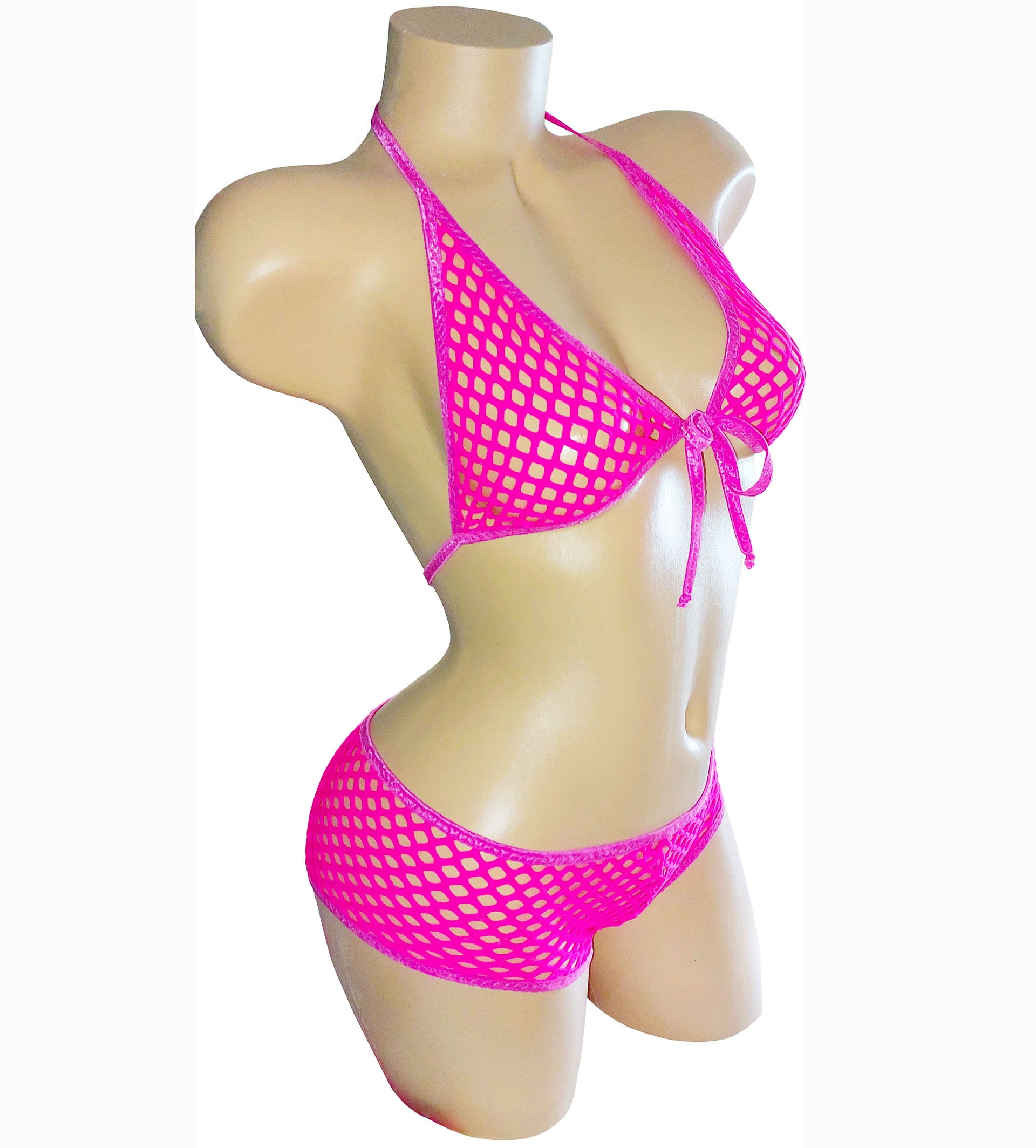 Sexy pink fishnet 2 piece swimsuit or Cover up outfit - Bralette