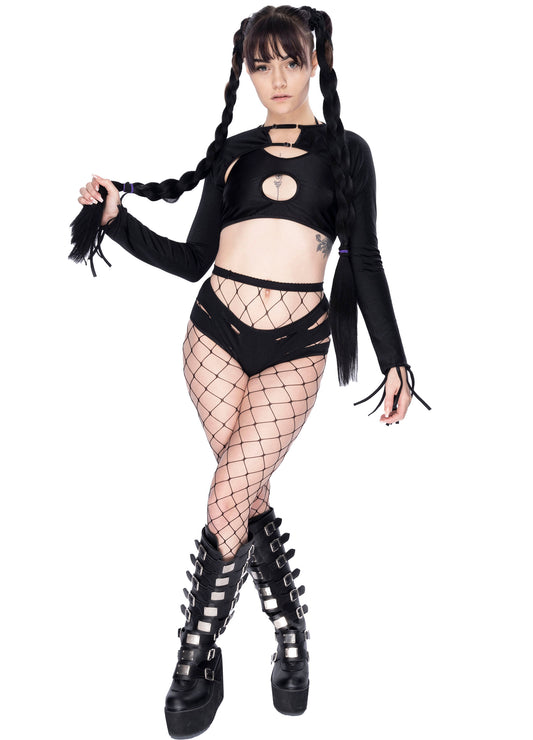 Rave Designer Pole Dancer outfit - 3 pc set - Slashed booty Shorts, Long sleeve Shrug, Scoop top
