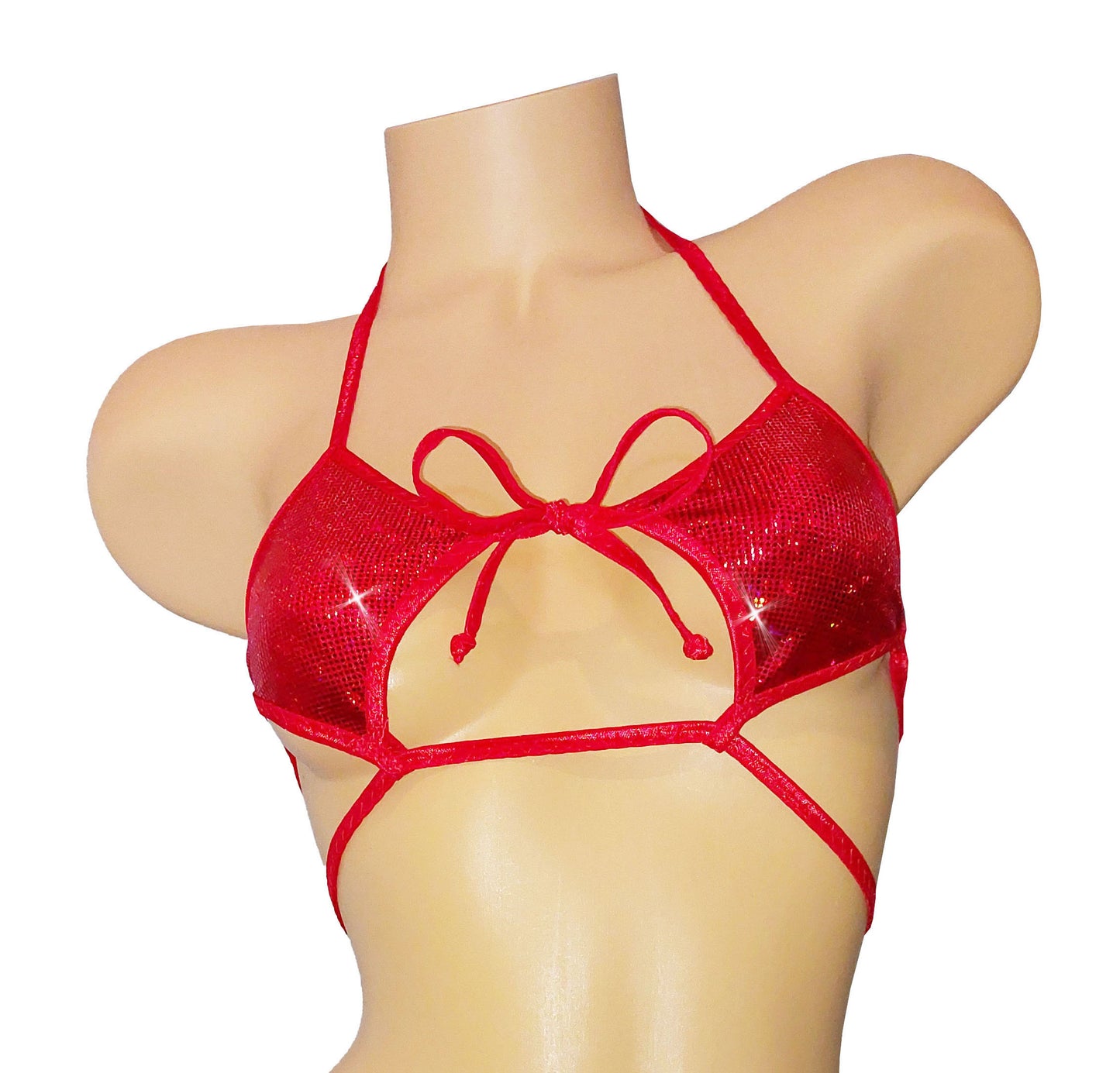 draft Cutout Red Hologram sexy top and matching adjustable thong
