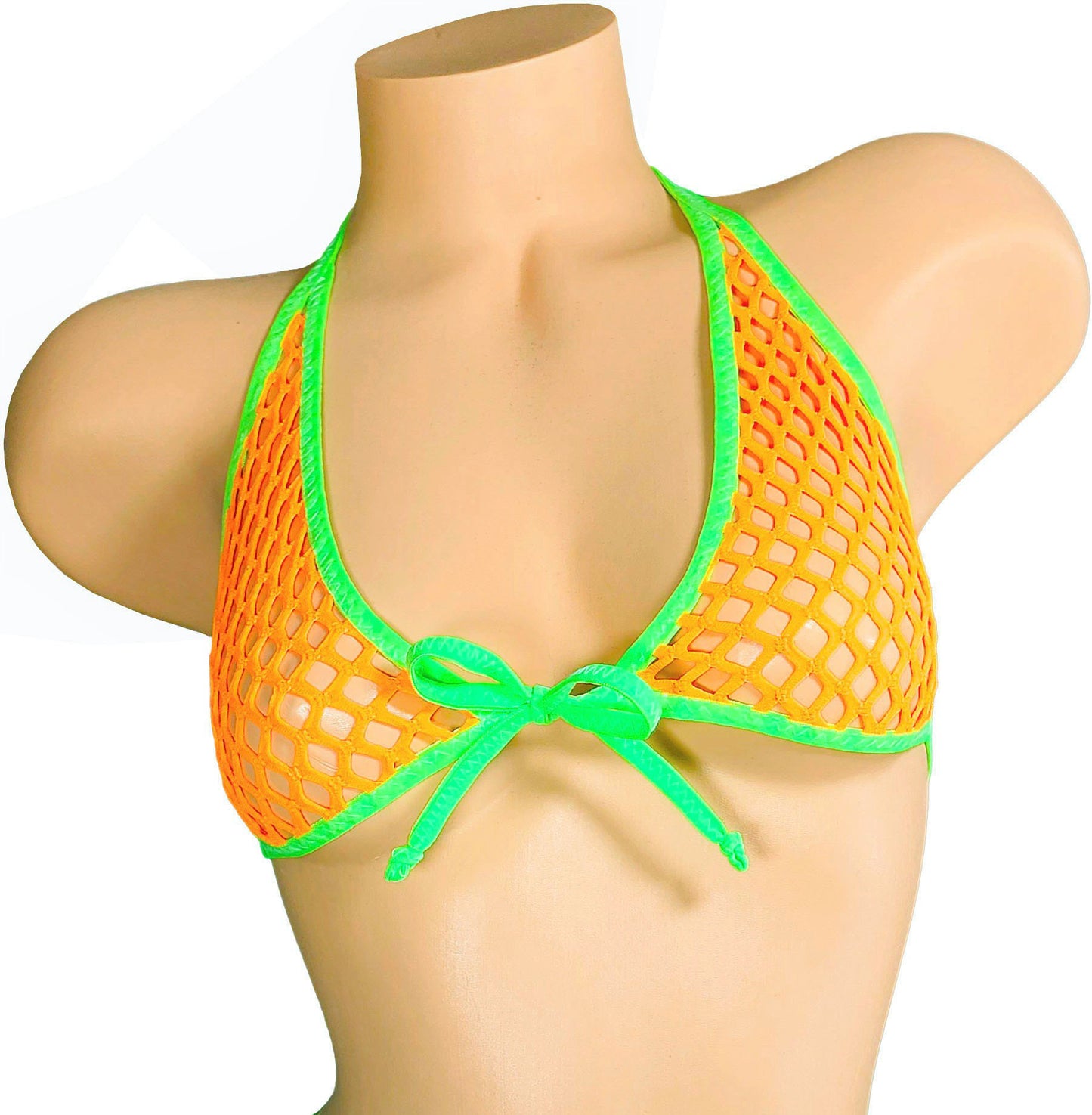 GLOW Neon Orange Fishnet bikini set. Adjustable Thong fits 22" to 42" waist.