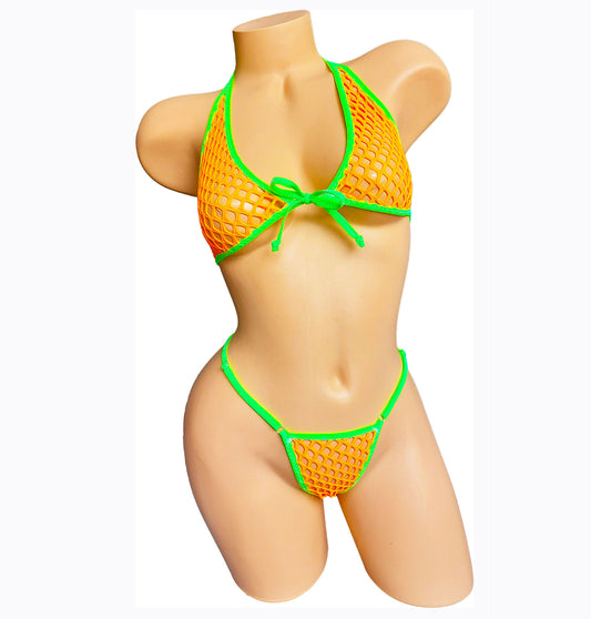 GLOW Neon Orange Fishnet bikini set.  Adjustable Thong fits 22" to 42" waist.
