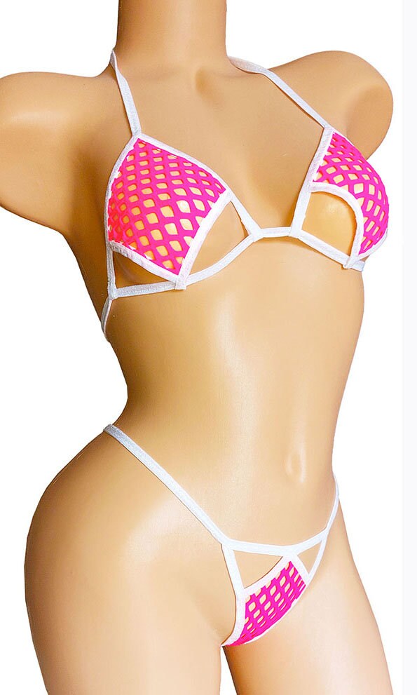 Pink & White Fishnet! Adjustable waist thong, Cup sizes AA to DD. Exotic dance, pole dance and stripper bikinis
