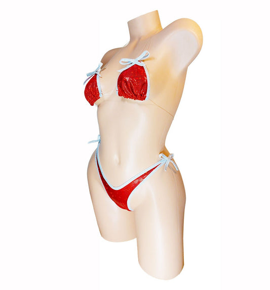 Clear invisible elastic two piece thong bikini Red Hologram with Sparkle Trim