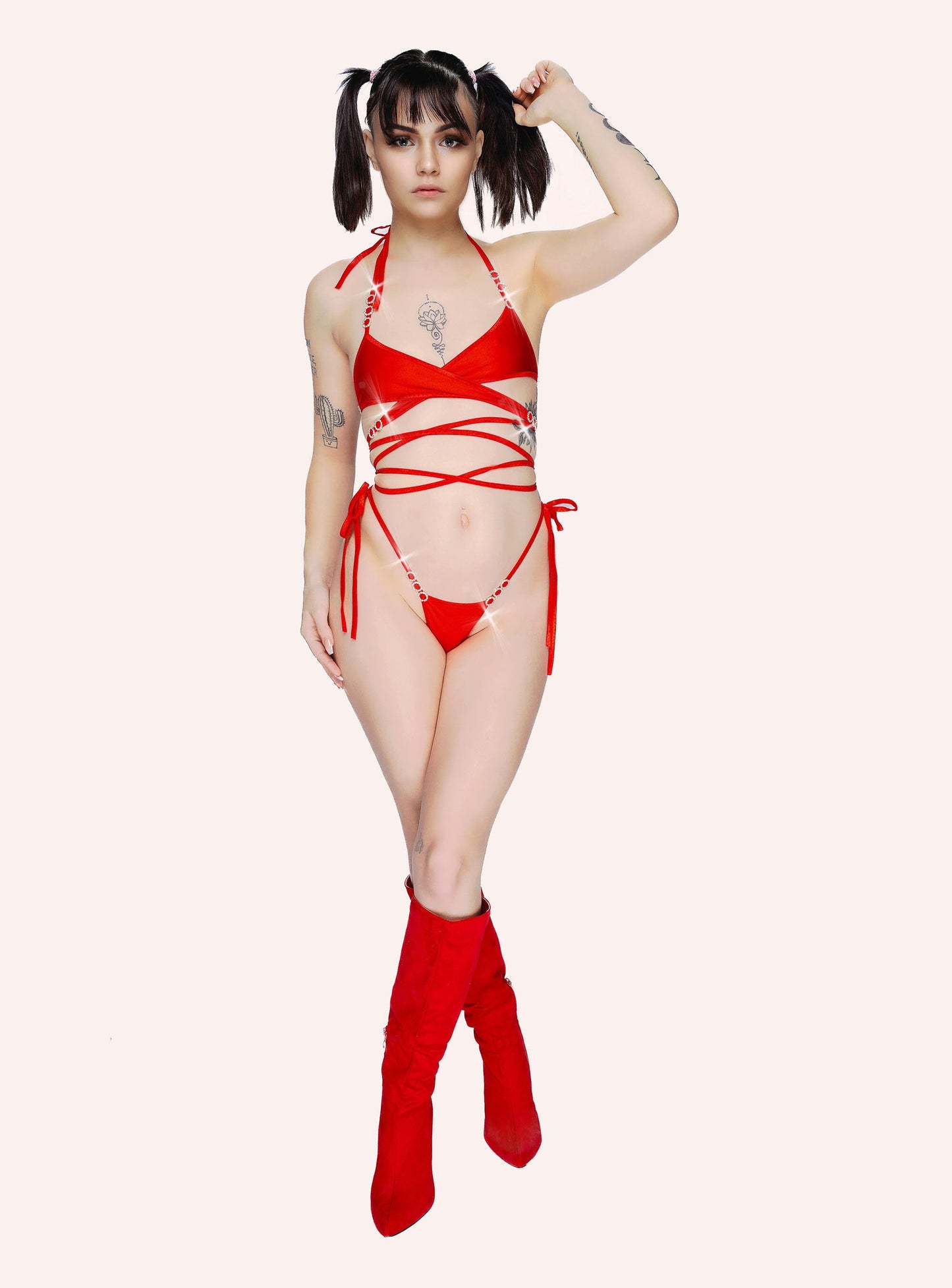 Red Diamond Gunslinger Wraparound Set with Whale Tail tie thong. Diamonte Sexy rave stripper pole outfits thongs exotic dancewear