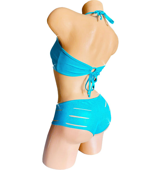 5 cup sizes - 4 shorts sizes - From XS to LG - Turquoise Hologram Set Slashed Shorts and cutout Scoop Top - Rave Festival, Stripper outfits