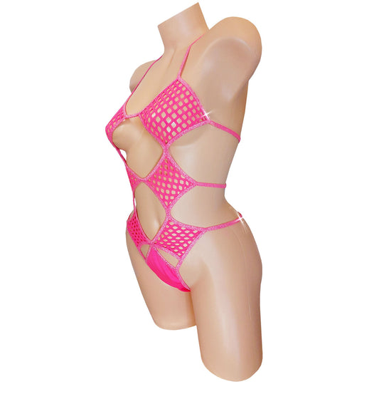 Hot Pink Fishnet One-Piece Thong Bodysuit