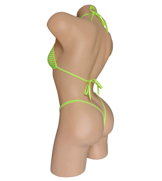 Yellow Fishnet GLOW in Black Light - 8 COLORS! 5 Cup sizes! Halter & Adjustable thong set! Rave outfits Stripper bikinis Exotic dancewear