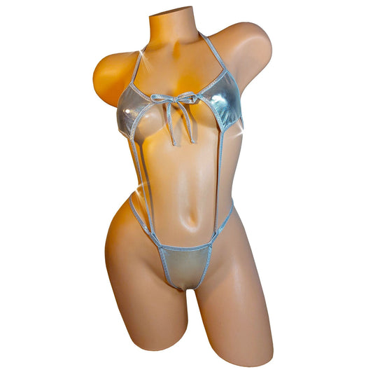 Liquid metallic Silver one piece Thong back- Adjustable straps - AA to D+ cup sizes - bottoms fit XS to XL - Stripper & Rave outfits Exotic dancewear