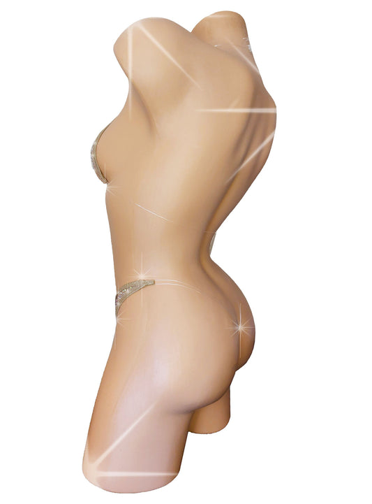 Nude mesh bikini covered in crystal rhinestones on a curvy mannequin, rear view.