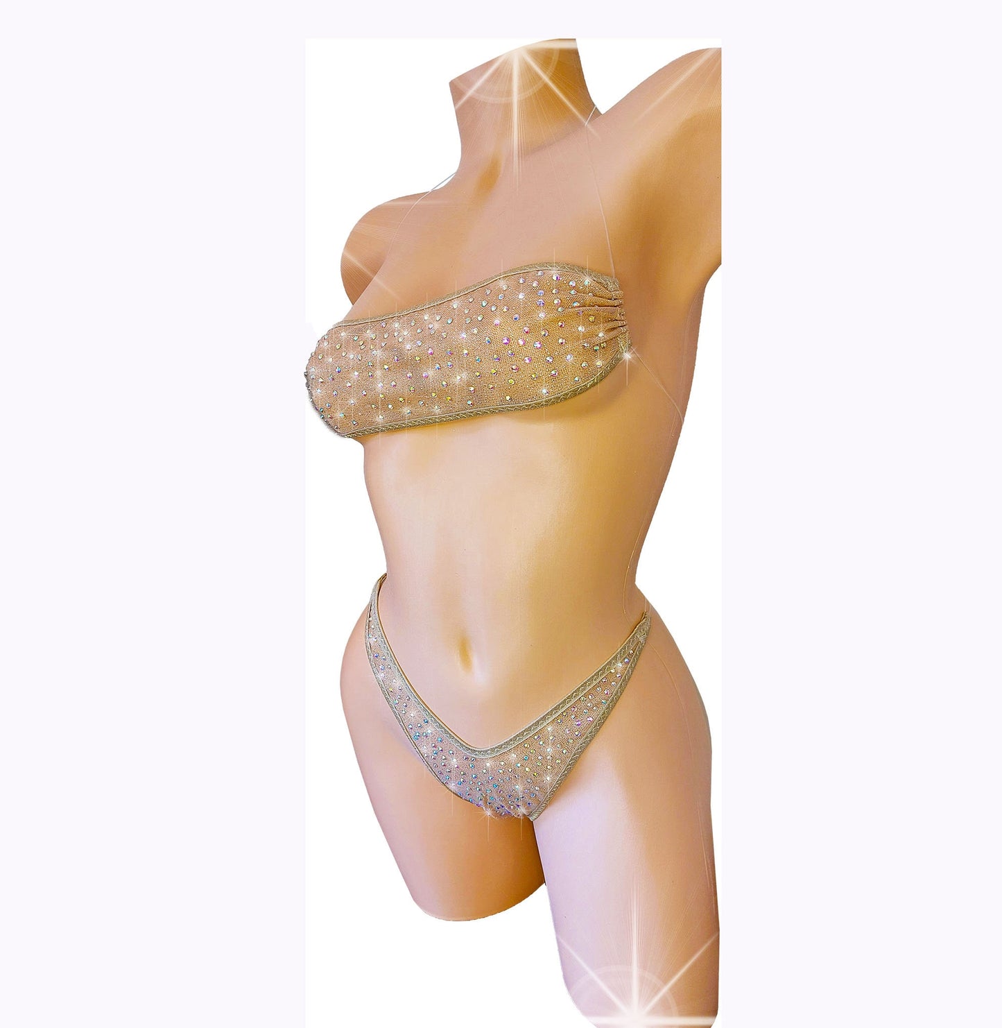 Fully lined STARDUST ILLUSION clear elastic RHINESTONE tube top with thong - all adjustable!