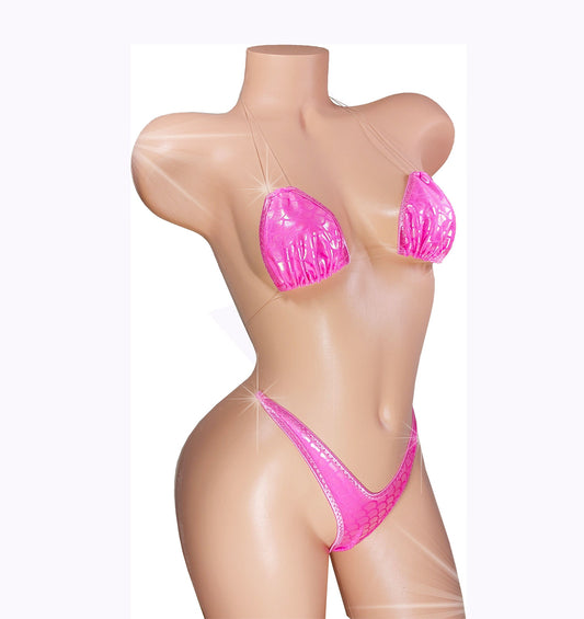SweetTart Pink! Sparkle in our Adjustable Strap clear invisible elastic Sizes XS - XL two piece thong bikini
