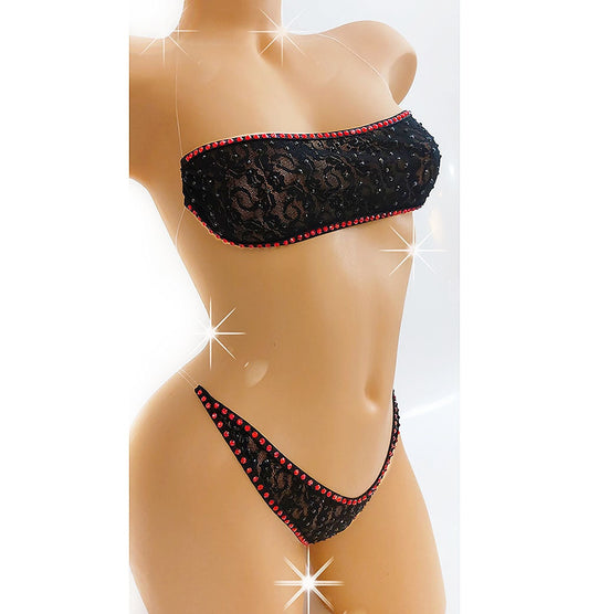 Black lace covered with sparkling Red & Black RHINESTONES. Our ILLUSION clear elastic top with thong - all adjustable! Stripper pole dancer