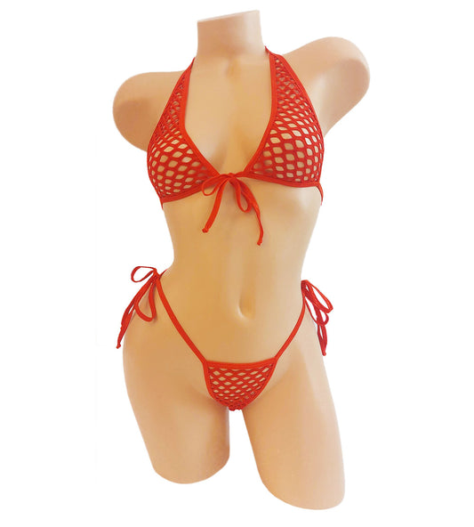 Fire Red FISHNET adjustable Tie halter & thong set - Stripper outfits exotic dancewear rave pole