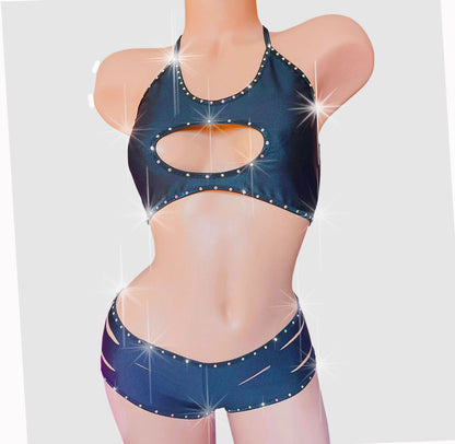 Slashed Rhinestone shorts Peek-a-boo cutout Set - Adjustable!