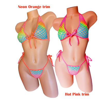 Rainbow fishnet 2 piece bikinis with orange and pink trim.