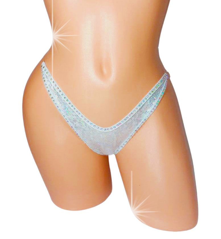 Sexy white hologram thong with rhinestones on a curvy mannequin.