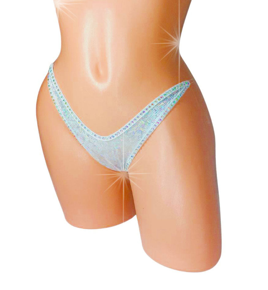 Sexy white hologram thong with rhinestones on a curvy mannequin, side view.