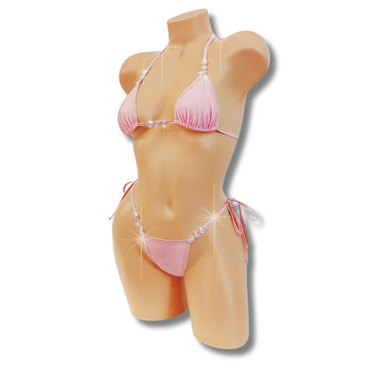 Baby Pink and diamond sexy tie side bikini on a curvy mannequin.