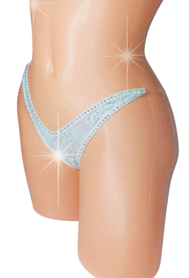 Sexy white hologram thong with rhinestones on a curvy mannequin.