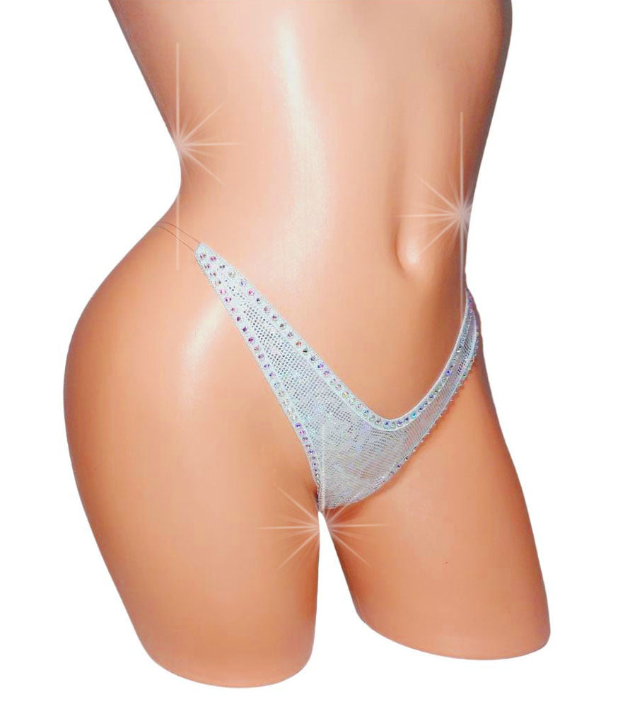 Sexy white hologram thong with rhinestones on a curvy mannequin.