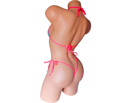 Back view of Rainbow fishnet 2 piece bikinis with pink trim.