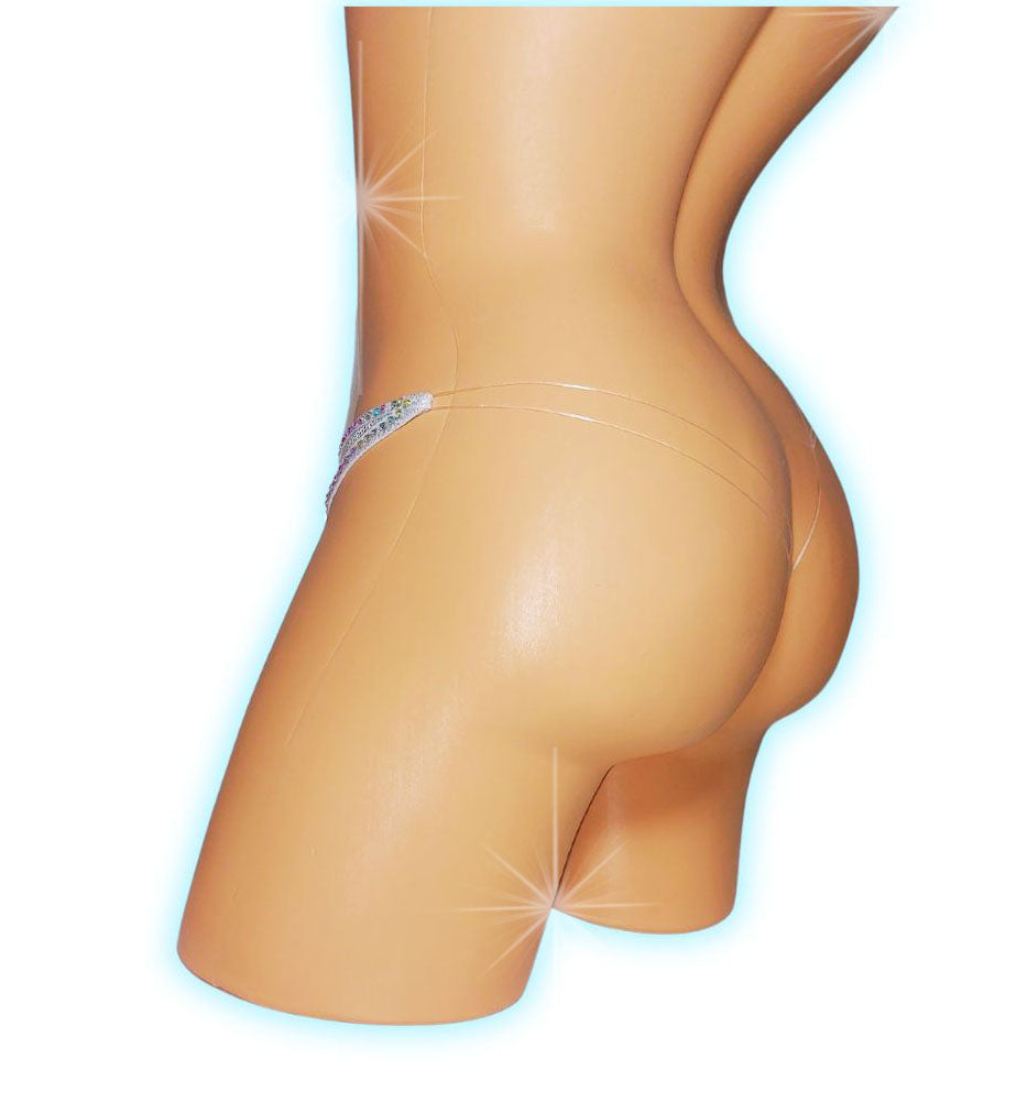 Sexy white hologram thong with rhinestones on a curvy mannequin, rear view.