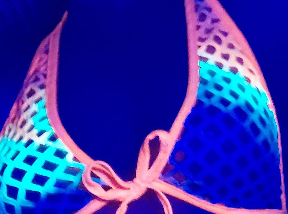 Neon Rainbow pride fishnet halter top lighting under black light