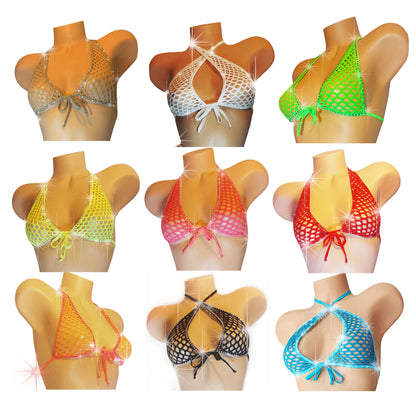 Fishnet Rhinestone LINED halter crop Top - Glow in Black Light colors!! From AA cups to DD cups, XS to XL.  Rave festival Stripper outfits Pole Exotic dancewear