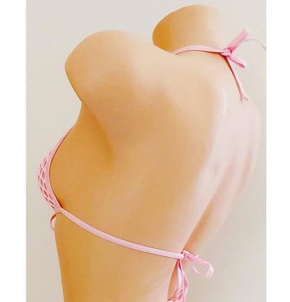 A light pink fishnet string bikini set displayed on a beige mannequin torso, showing the back view with adjustable waistband details against a plain light background.